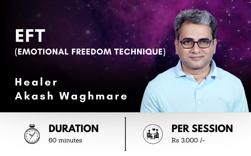 Promotional graphic for EFT with healer Akash Waghmare, including duration, price, and branding.