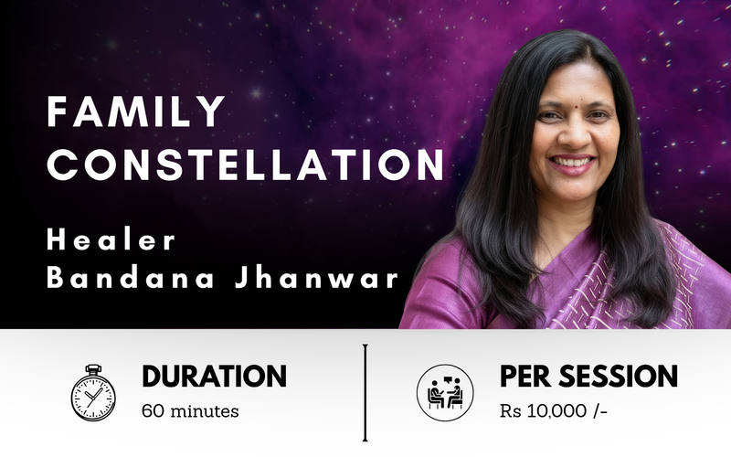 Banner for a family constellation session with Healer Bandana Jhanwar, featuring a purple background and text detailing session details.