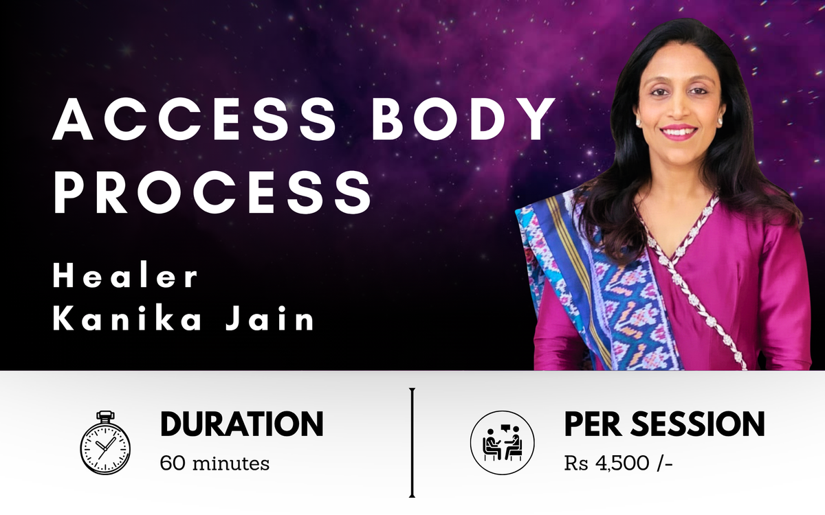Banner for a healing session with Kanika Jain, featuring text about duration, price, and session type.