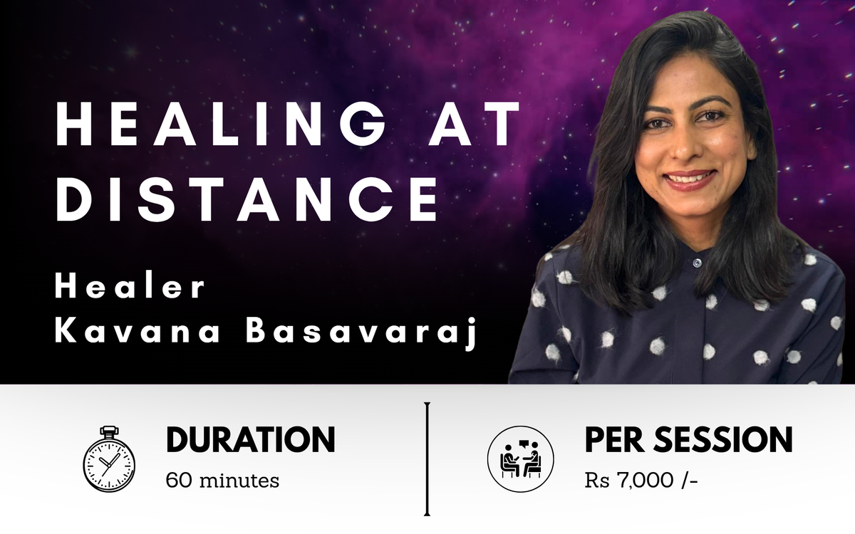 Banner for 'Healing at Distance' with a woman and session details on a purple starry background.