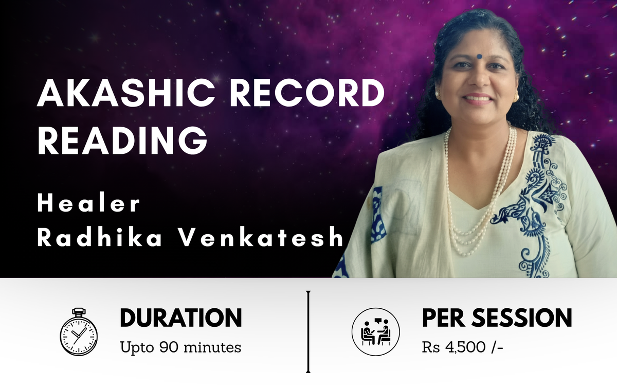 Promotional banner for Akashic Record Reading with a woman and session details.