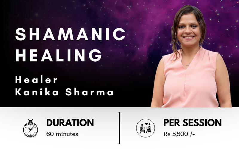 Promotional banner for Shamanic Healing with a woman named Kanika Sharma against a purple cosmic background.