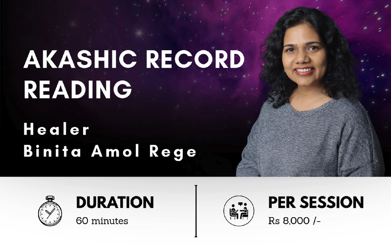 Product banner for an Akashic Record Reading session with healer Binita Amol Rege, featuring her portrait against a purple nebula galaxy background, with details showing a 60-minute duration and pricing of Rs 8,000.