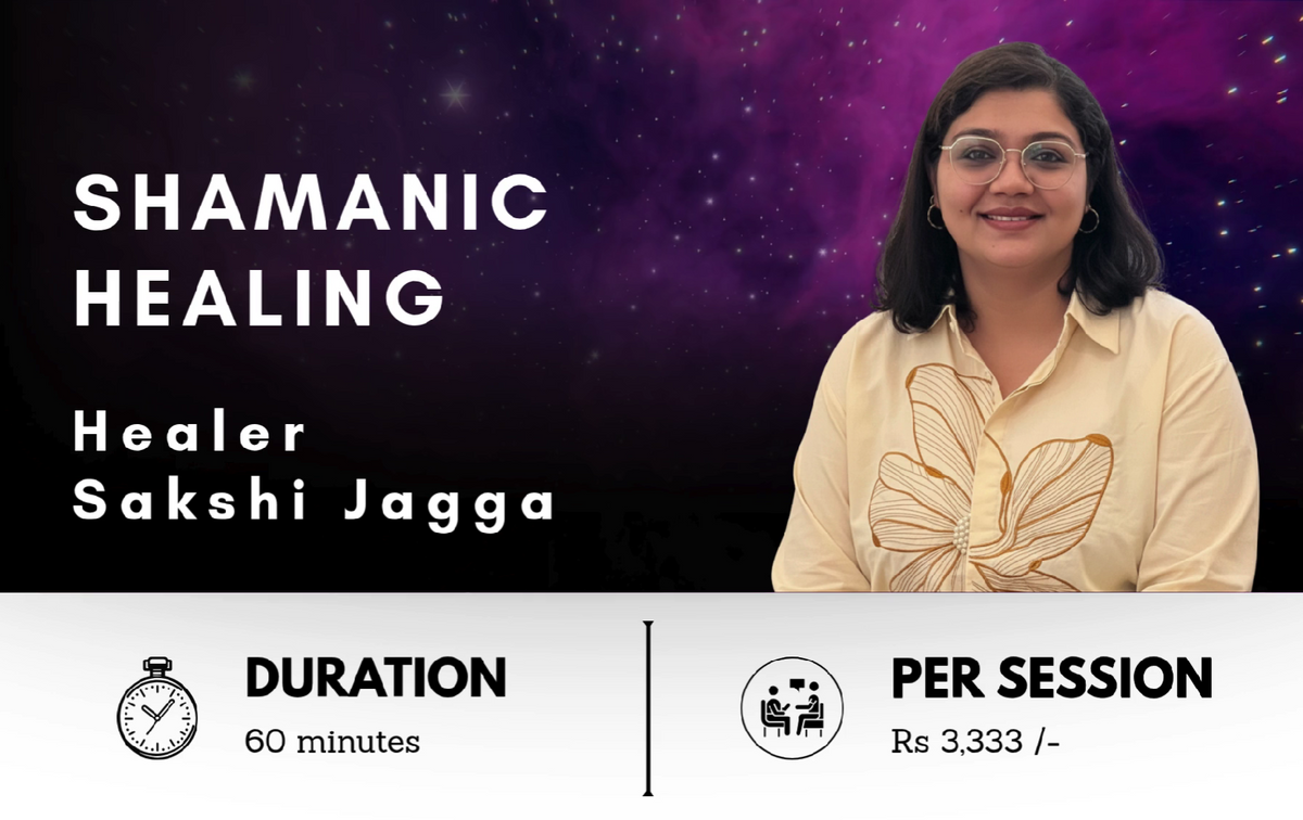Product banner for a Shamanic Healing session with healer Sakshi Jagga, featuring her portrait against a purple nebula galaxy background, with details showing a 60-minute duration and pricing of Rs 3,333.