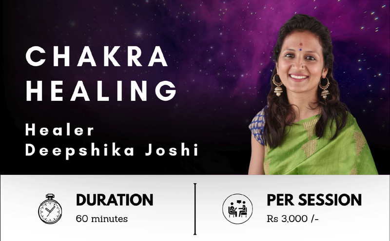 Banner for Chakra Healing session with healer Deepshika Joshi on a purple background.