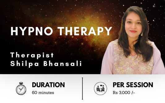 Banner for hypnotherapy services with a therapist's name and session details on a cosmic background.