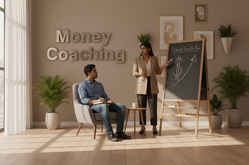 Cinematic money coaching session in a cozy modern therapy room, warm natural light, neutral beige walls, wooden floor, plants and minimal decor. Indian female coach in smart casual outfit stands beside a large blackboard, pointing at a hand-drawn dollar sign sketched with white chalk. Indian male client sits on a comfortable chair facing her, listening and taking notes. On the front wall, left-aligned bold 3D text reads “Money Coaching.”, clean sans serif style. Soft depth of field, professional lifestyle p