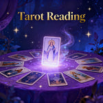 Tarot cards on a purple tablecloth with a glowing card in the center, surrounded by stars and mystical elements.