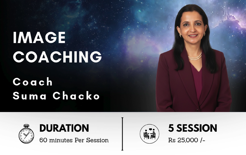 Promotional image of Coach Suma Chacko for image coaching services with a cosmic background.