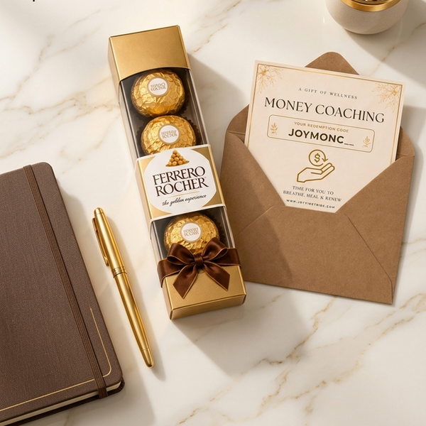 A gift set featuring a box of Ferrero Rocher chocolates, a brown envelope with a personalized money coaching card, a gold pen, and a brown notebook on a white marble surface.