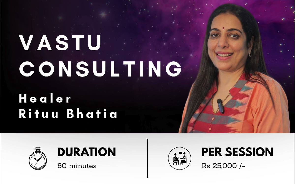 Product banner for a Vastu Shastra Consulting session with practitioner Rituu Bhatia, featuring her portrait against a purple nebula galaxy background, with details showing a 60-minute duration.